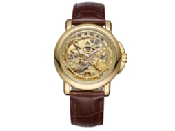 Relógio Automático Mecânico Masculino de Moda com Pulseira de Couro Pu Marrom Dourado