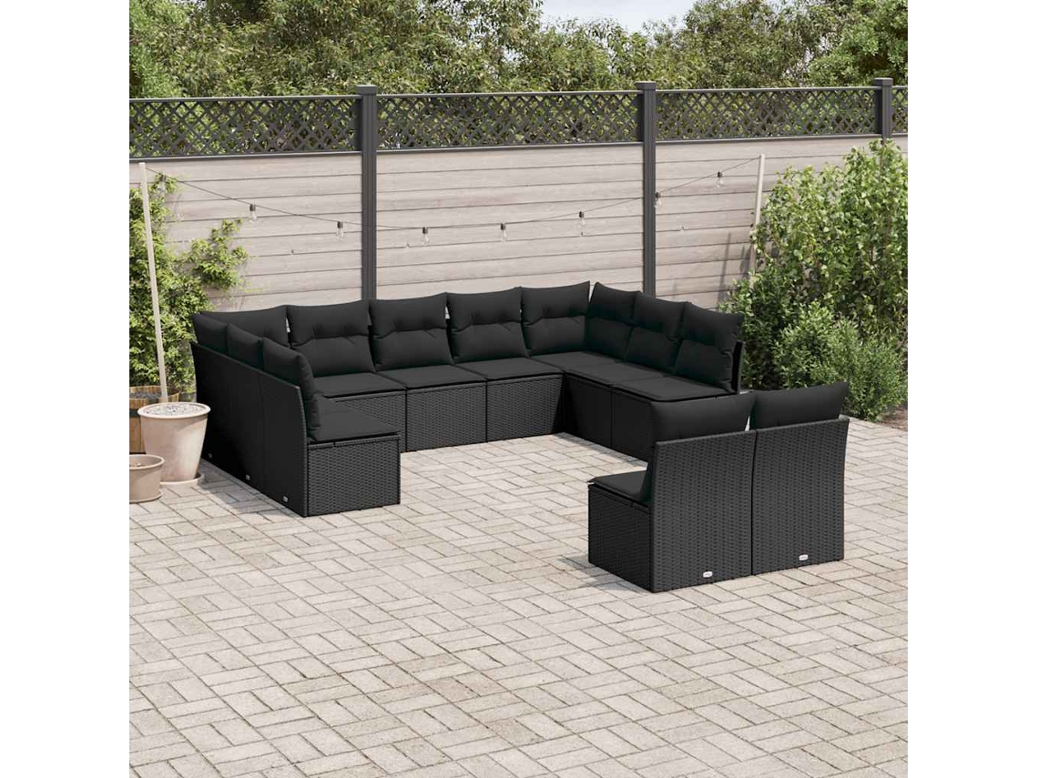 Vidaxl 11 Pcs Conjunto Sofás De Jardim C/ Almofadões Vime Pe Preto