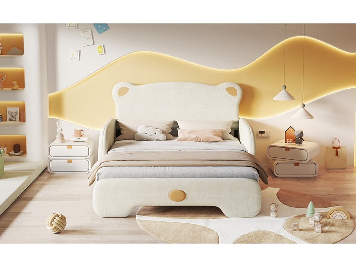 Cama Infantil Dupla 140x200 Cm - Design Em Forma De Urso Com Borda Acolchoada E Estrado De Madeira - Bege