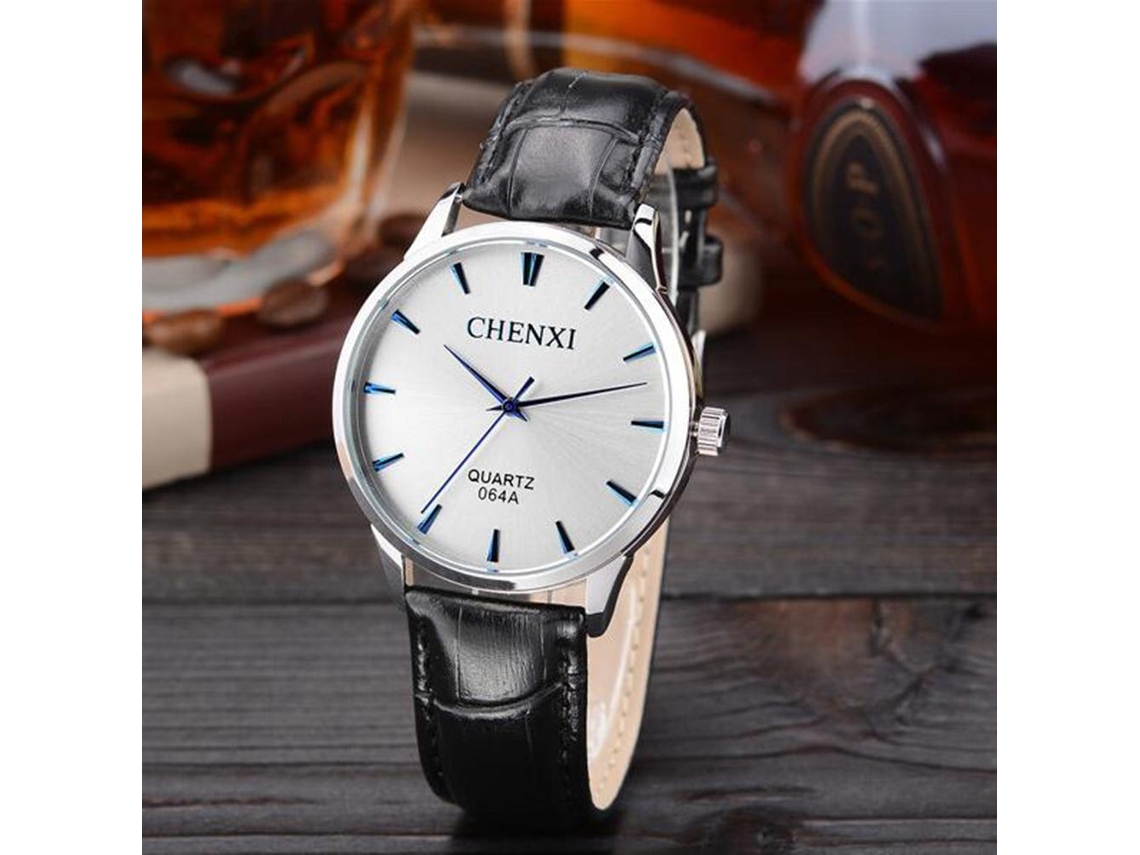 Relógio de quartzo estilo vintage masculino com pulseira de couro PU, design elegante para negócios, azul e branco.
