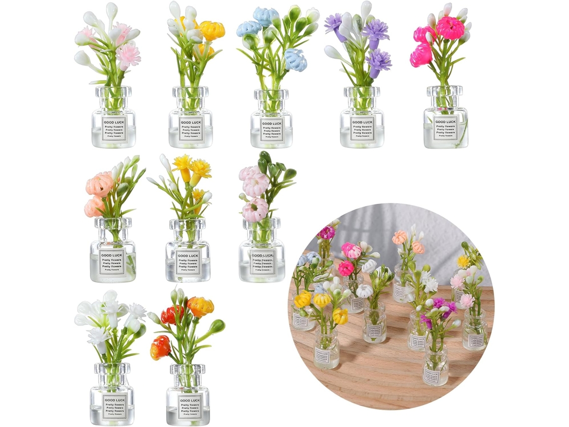 Conjunto de 10 Plantas Verdes Decorativas, Vaso de Vidro Luminoso Pequeno com Flores, Casa, Resina AQUAFORGE