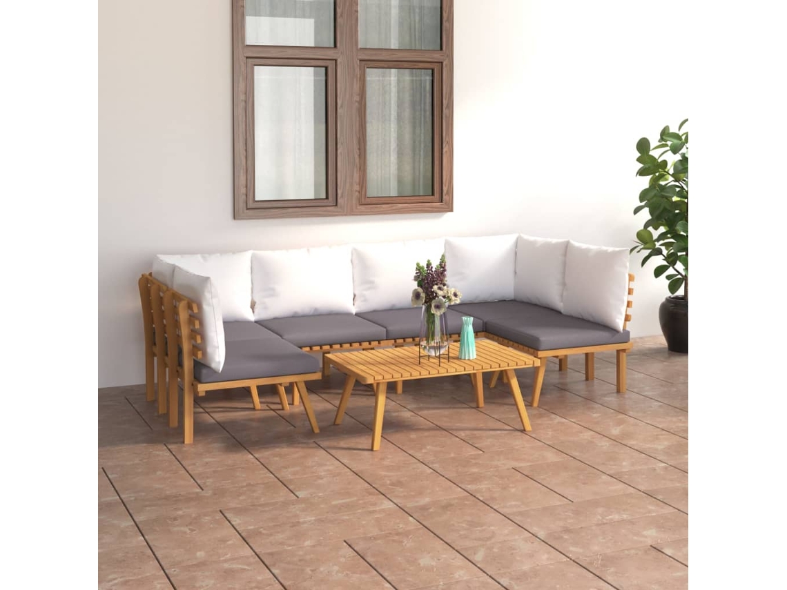 Vidaxl 7 Pcs Conjunto Lounge De Jardim Com Almofadões Acácia Maciça