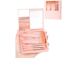 Conjunto de Pincéis de Maquilhagem Portátil com Estojo Rígido e Espelho, 5 Peças (rosa Claro)