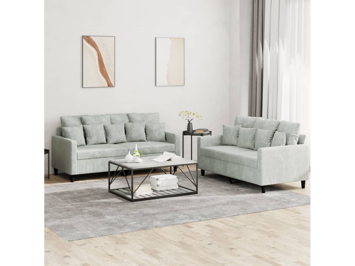 Vidaxl 2 Pcs Conjunto De Sofás Com Almofadões Veludo Cinzento-claro