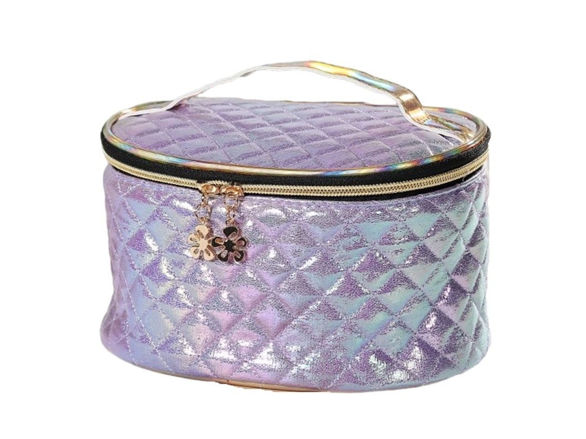 Bolsa de Maquiagem de Couro Pu Colorida com Padrão Plaid Brilhante e Alça (roxa)