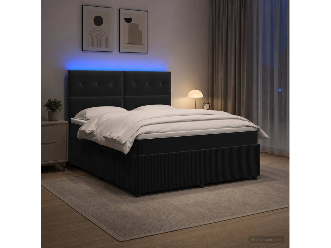 Vidaxl Cama Box Com Led E Colchão Preto 180 X 200 Cm Veludo