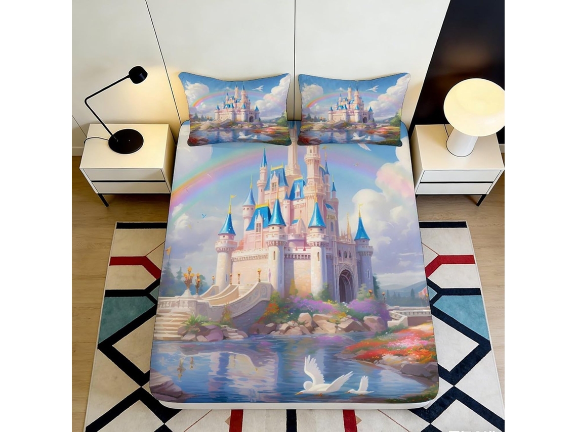 Conjunto de cama com estampa Castelo e microfibra Fronha 200x25cm