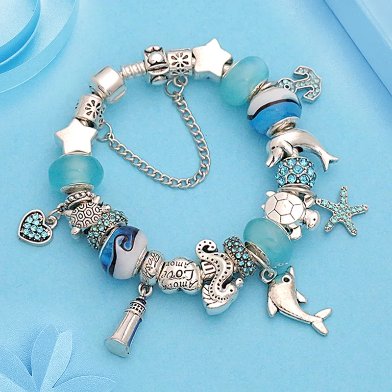 Pulseira Com Pingente De Golfinho E Cristal Azul (20 Cm), Bijuteria Diy Para Mulheres.