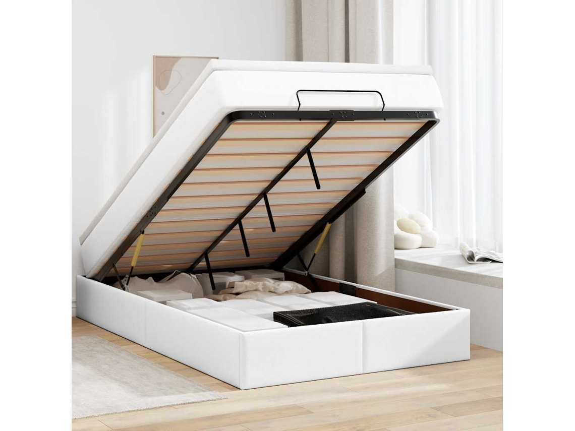 Vidaxl Estrutura de Cama Otomana com Colchão Branco Couro Falso
