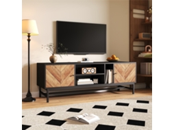 Móvel Para Tv,150x38x55cm,Design Moderno Com Contraste,múltiplos Espaços De Arrumação,Pés Em Metal,compatível Com Tv 55-75 Polegadas,preto E Madeira