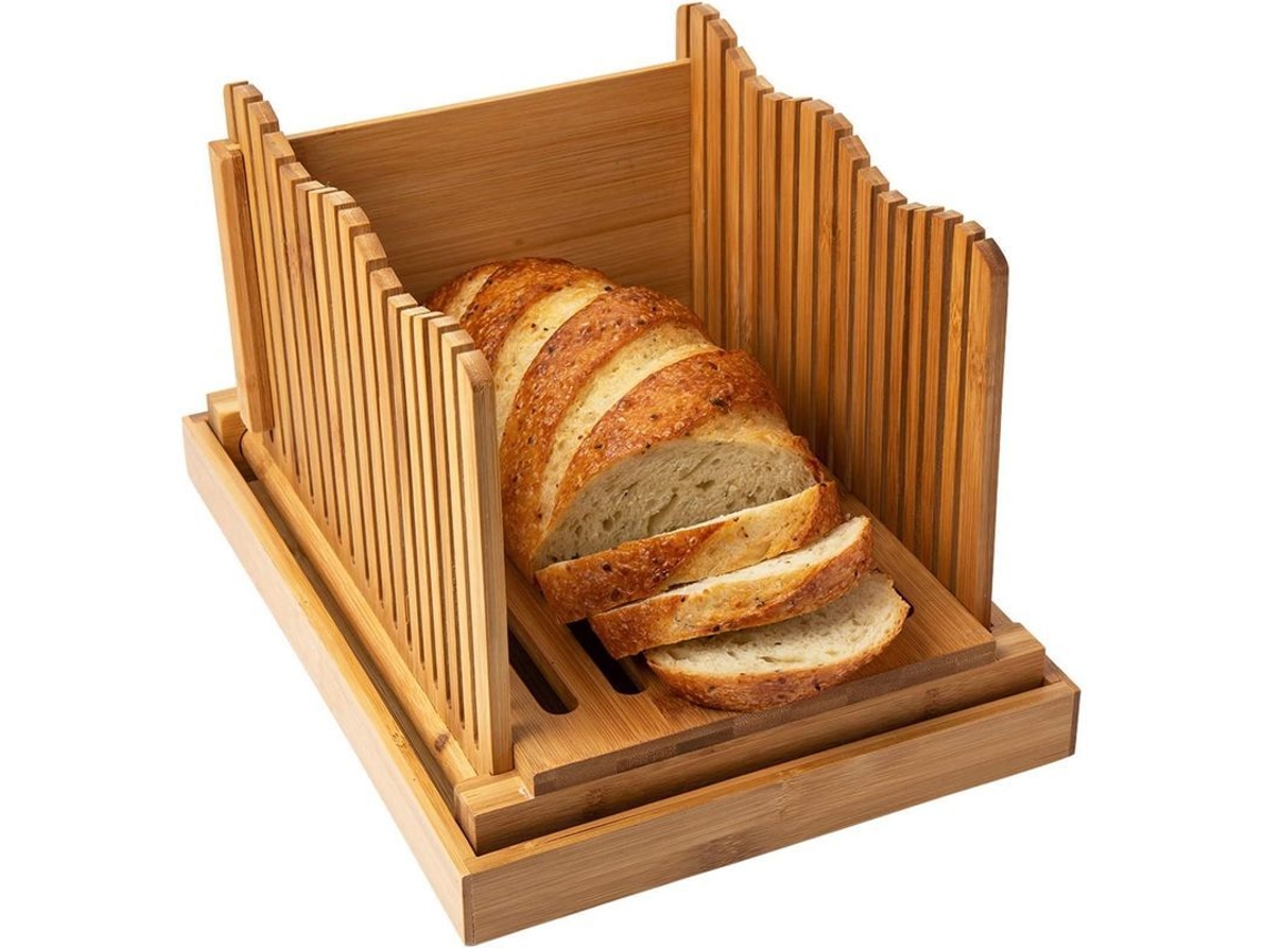 Cortador De Pão Caseiro De Bambu Plegável Com Guias Ajustáveis E Recipiente De Migas Compacto
