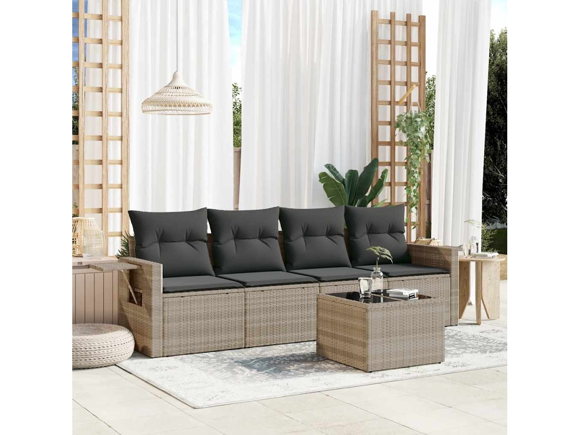 Vidaxl 5 Pcs Conj. Sofás Jardim C/ Almofadões Vime Pe Cinzento-claro