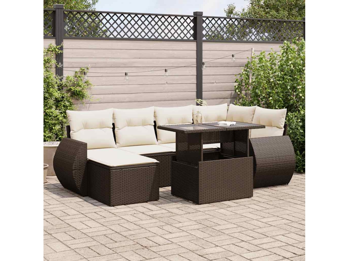Vidaxl 7 Pcs Conjunto De Sofás Jardim C/ Almofadões Vime Pe Castanho