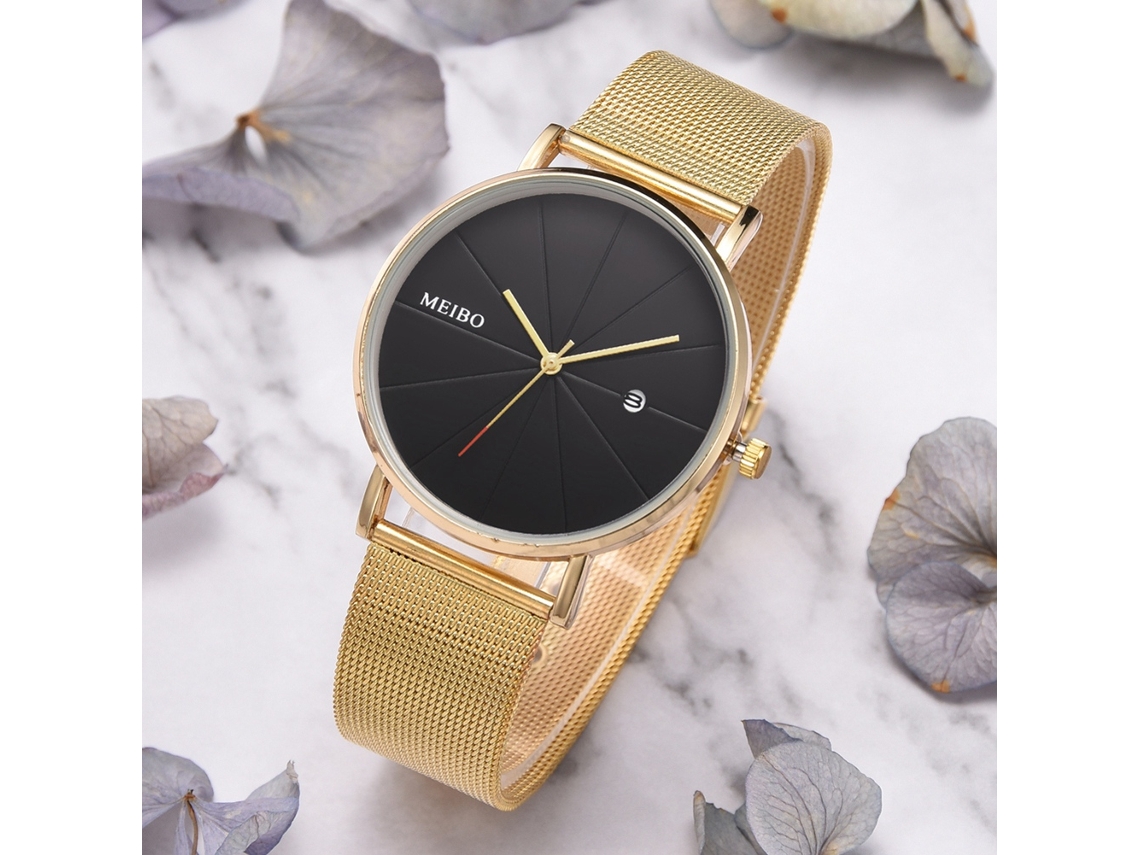 Relógio de pulso de quartzo com pulseira de liga metálica para homens e mulheres, estilo casual e profissional, dourado e preto.