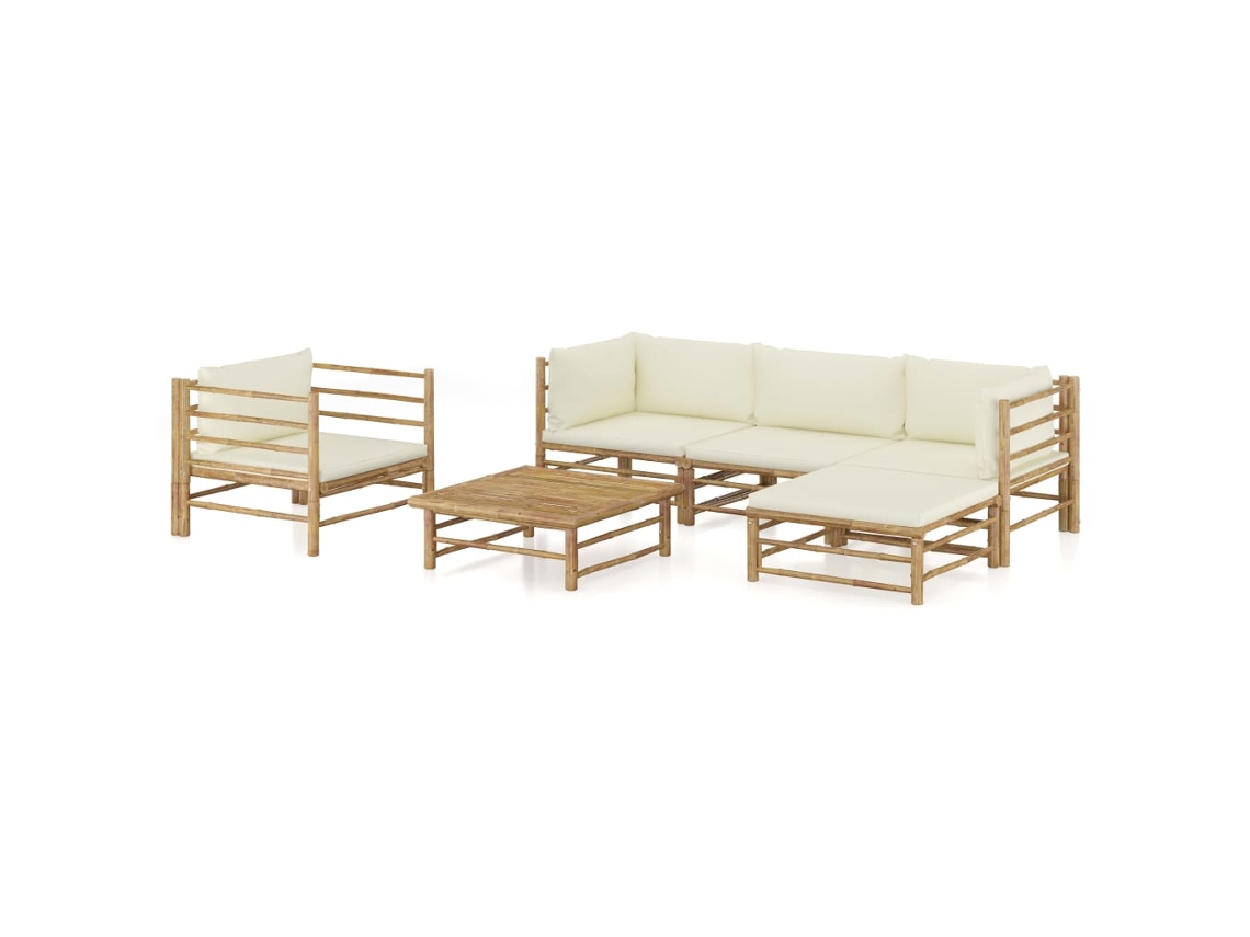 Vidaxl 6 Pcs Conj. Lounge P/ Jardim Em Bambu C/ Almofadões Branco Nata