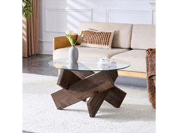 Mesa Centro Mdf Vidro Redonda 79cm Nogueira Escura Elegante Sala