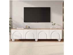 Móvel para TV KOMHTOM, 4 portas, 180x40x45 cm, 6 pés metálicos esféricos, para TV 80 polegadas, branco e madeira