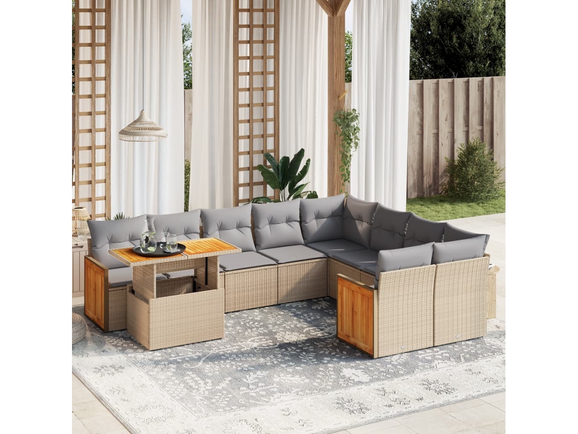 Vidaxl 10 Pcs Conjunto De Sofás P/ Jardim Com Almofadões Vime Pe Bege