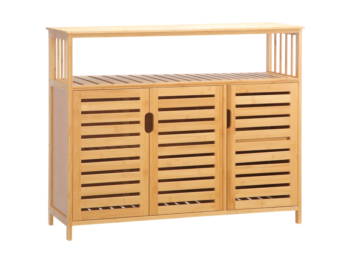 Aparador de Bambu com 3 Portas Vazadas e Prateleiras, 100 X 35 X 82 Cm, Acabamento Natural.