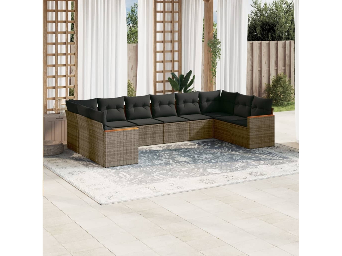 Vidaxl 10 Pcs Conjunto Sofás De Jardim C/ Almofadões Vime Pe Cinzento
