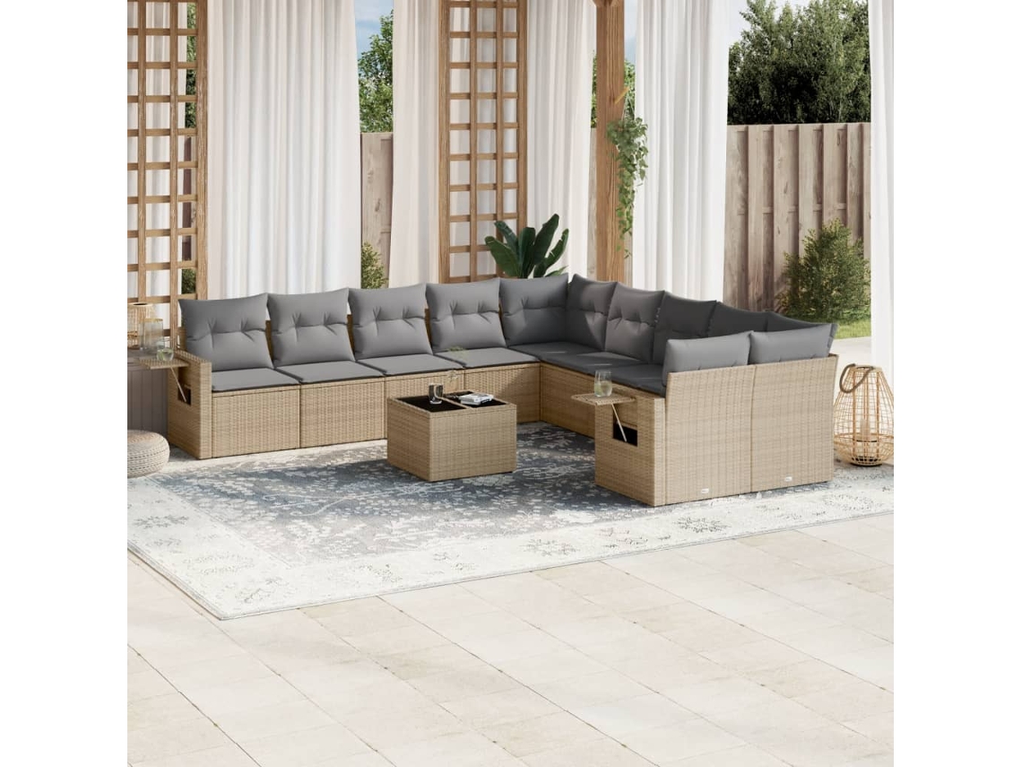 Vidaxl 11 Pcs Conjunto Sofás De Jardim C/ Almofadões Vime Pe Bege