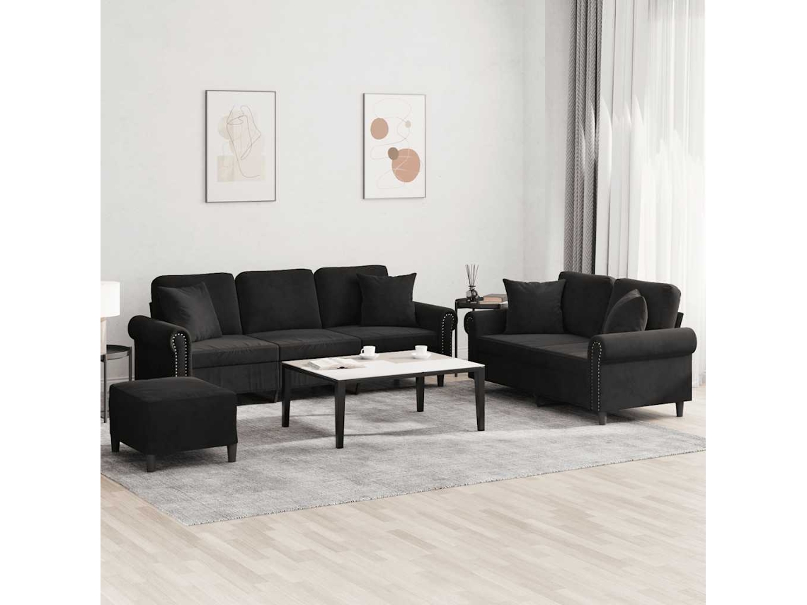 Vidaxl 3 Pcs Conjunto De Sofás Com Almofadas Veludo Preto