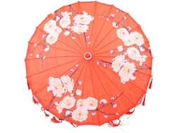 Guarda chuva Japonês de Seda Vermelha com Estampa de Penas, 82 Cm de Diâmetro, Acessório. SFUSHOS