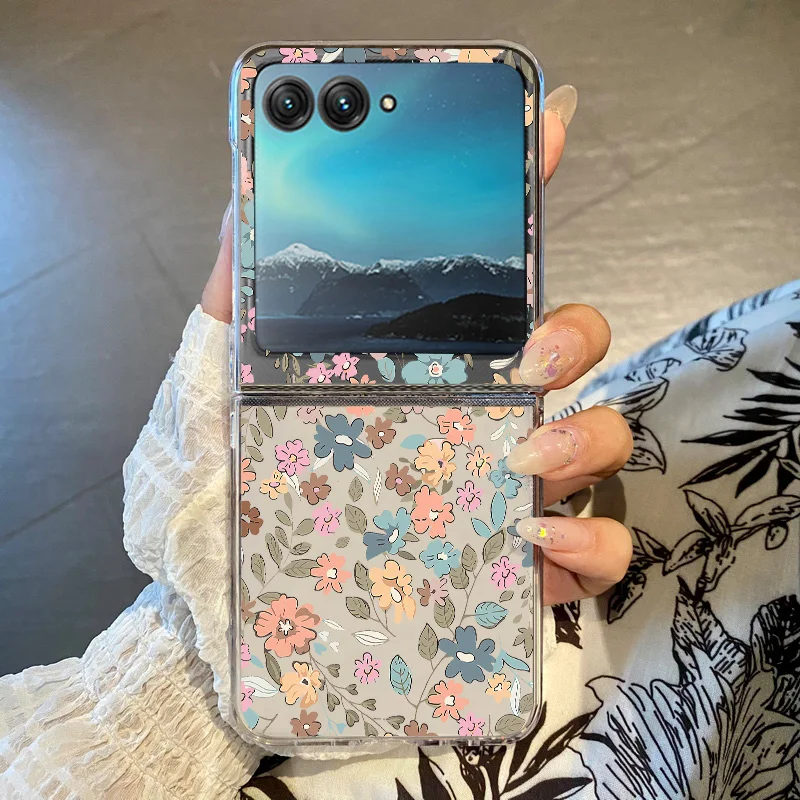 ((a677)razr 40) Capa Dobrável Transparente Com Estampa Floral, Resistente A Impactos, Em Pc Rígido.