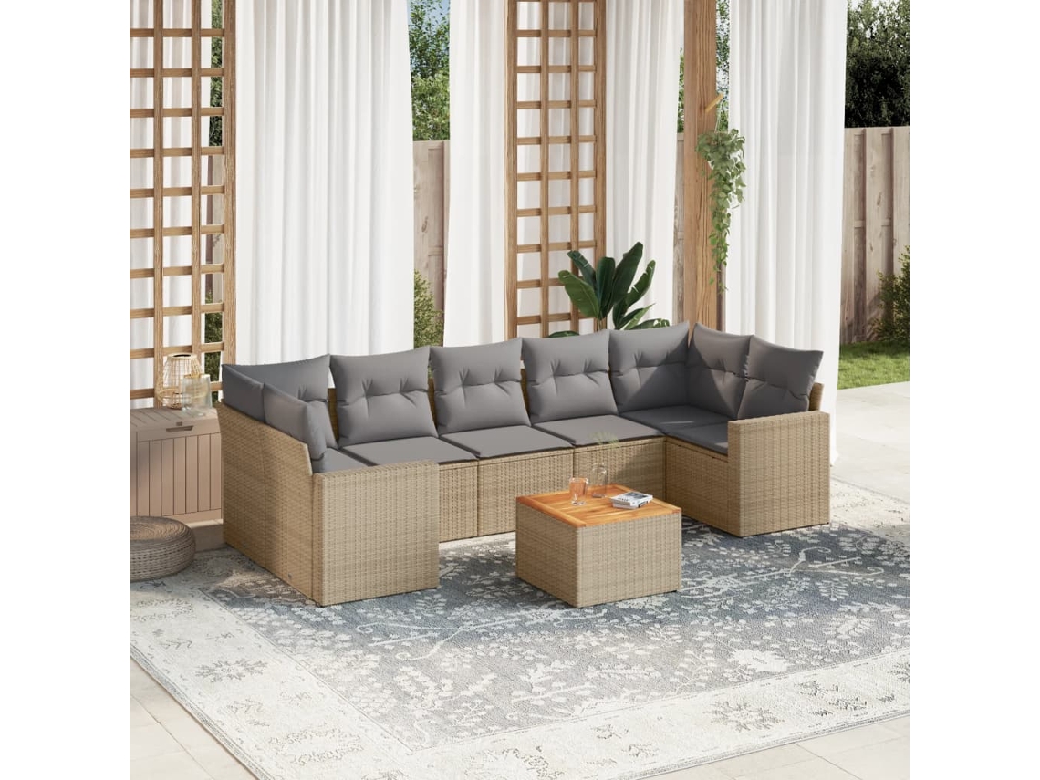 Vidaxl 8 Pcs Conj. Sofás Jardim C/ Almofadões Vime Pe Bege Misturado