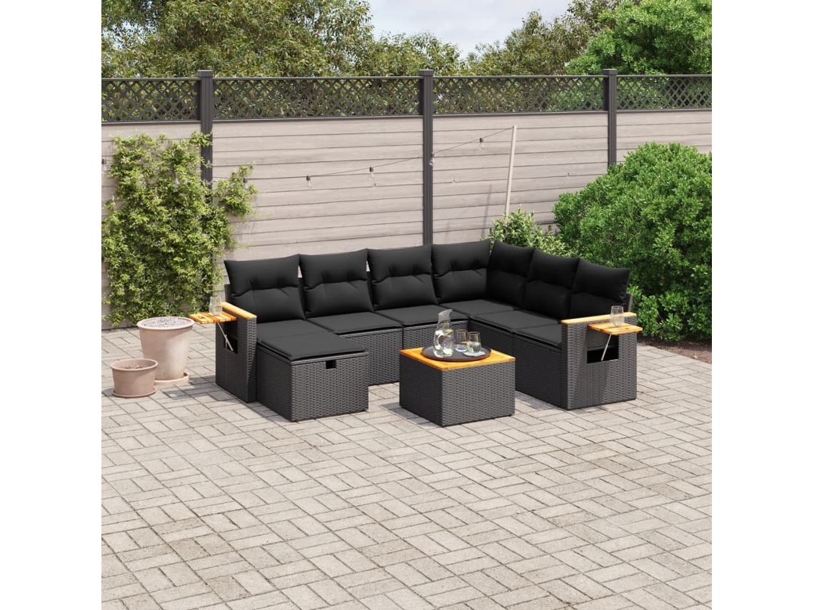 Vidaxl 8 Pcs Conjunto Sofás De Jardim Com Almofadões Vime Pe Preto