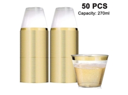 50 Copos de Plástico para Cocktail, 9 Oz, com Borda Dourada, Rosa Dourada, Prata | S/MARCA