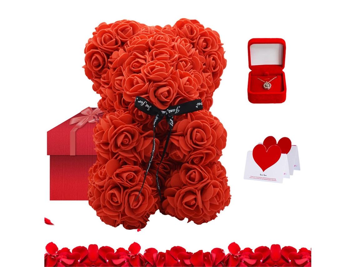 Conjunto Urso De Rosas Vermelhas, Com Colar E Cartão, Presente Clássico