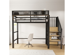 Cama Alta De 90x200 Cm Com Escada Segura E Arrumação Modular, Cama De Metal Para Adultos E Crianças, Preta.
