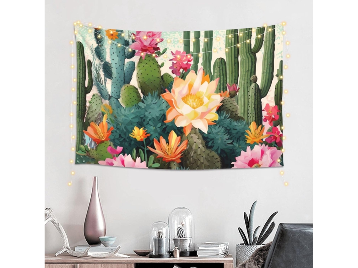 Tapeçaria Parede Com Estampa Floral Cactos, Decoração Quarto E Sala Estar, 152 X 102 Cm (60 X 40 Polegadas)