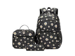 Conjunto Mochila Margaridas 3 Peças Em Nylon Impermeável, Mochila + Bolsa Térmica + Estojo Para Alunos