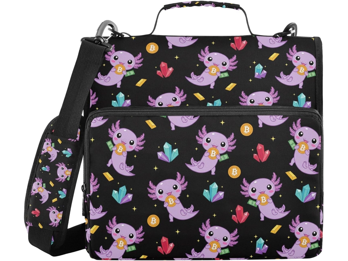Pasta Kawaii Axolotl Bitcoin Preta Com Bolsas Extras, Alça de Ombro e Alça de Ombro, Diversas Bolsas de 3,8cm, 3 Anéis de Fixação