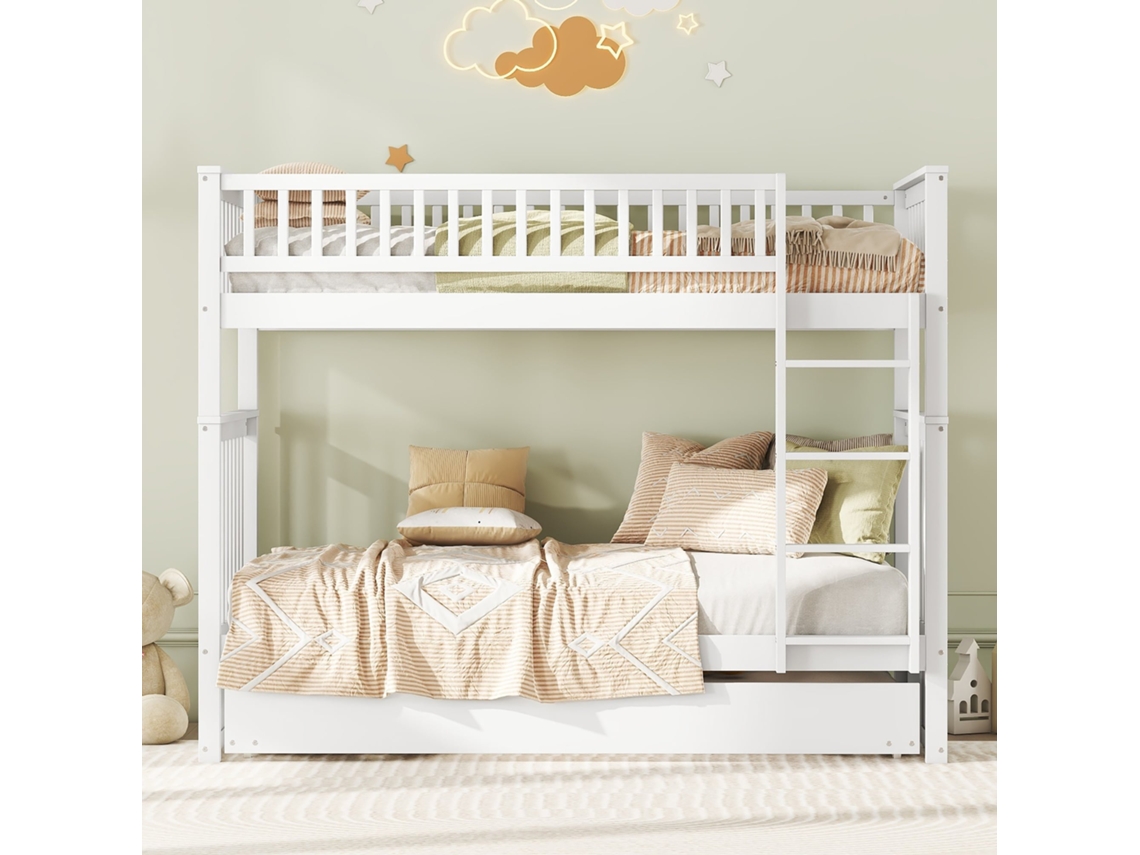 Beliche 90x200cm com cama tripla, gaveta, grade alta, escada estável, MDF, cinza KOMHTOM