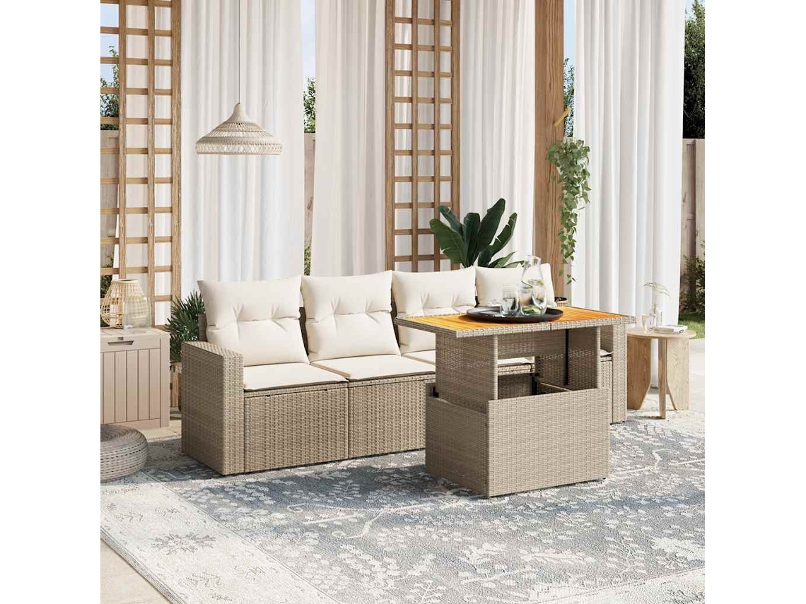 Vidaxl 5 Pcs Conjunto De Sofás P/ Jardim Com Almofadões Vime Pe Bege