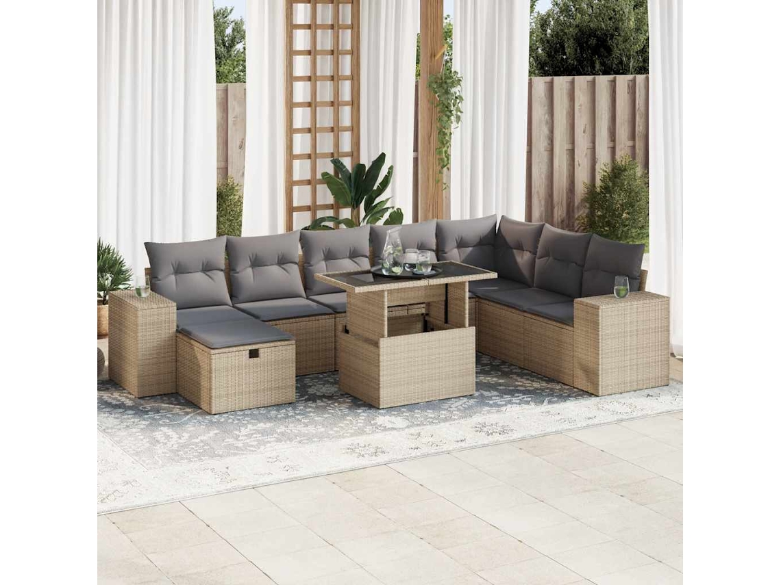 Vidaxl 9 Pcs Conjunto De Sofás P/ Jardim Com Almofadões Vime Pe Bege