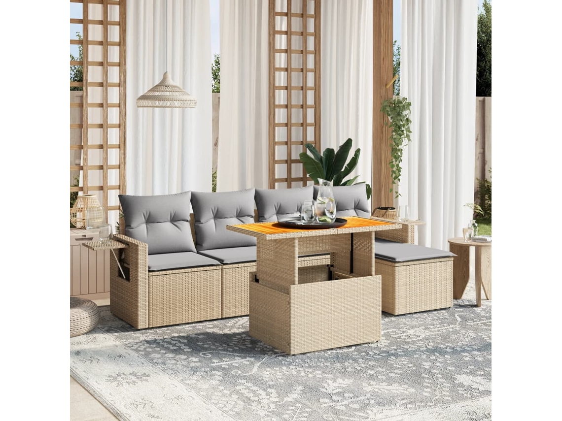 Vidaxl 6 Pcs Conjunto De Sofás P/ Jardim Com Almofadões Vime Pe Bege