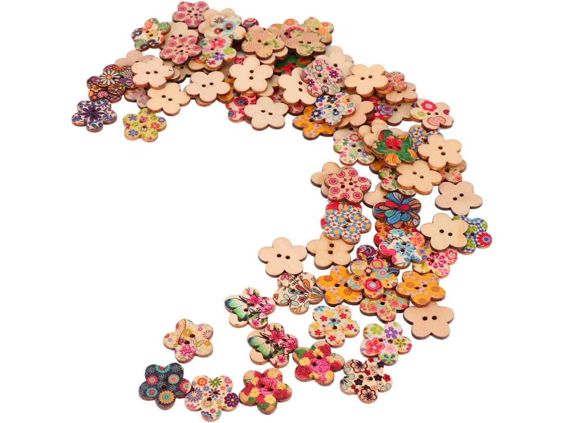 Botões de Madeira Artesanais para Costurar, 100 Peças com Estampa Floral, Feitos Ameixeira, 2 Furos CHABERLU