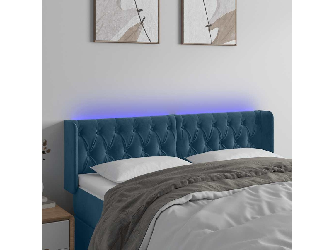 Vidaxl Cabeceira Cama C/ Luzes Led Veludo 147x16x78/88 Cm Azul-escuro