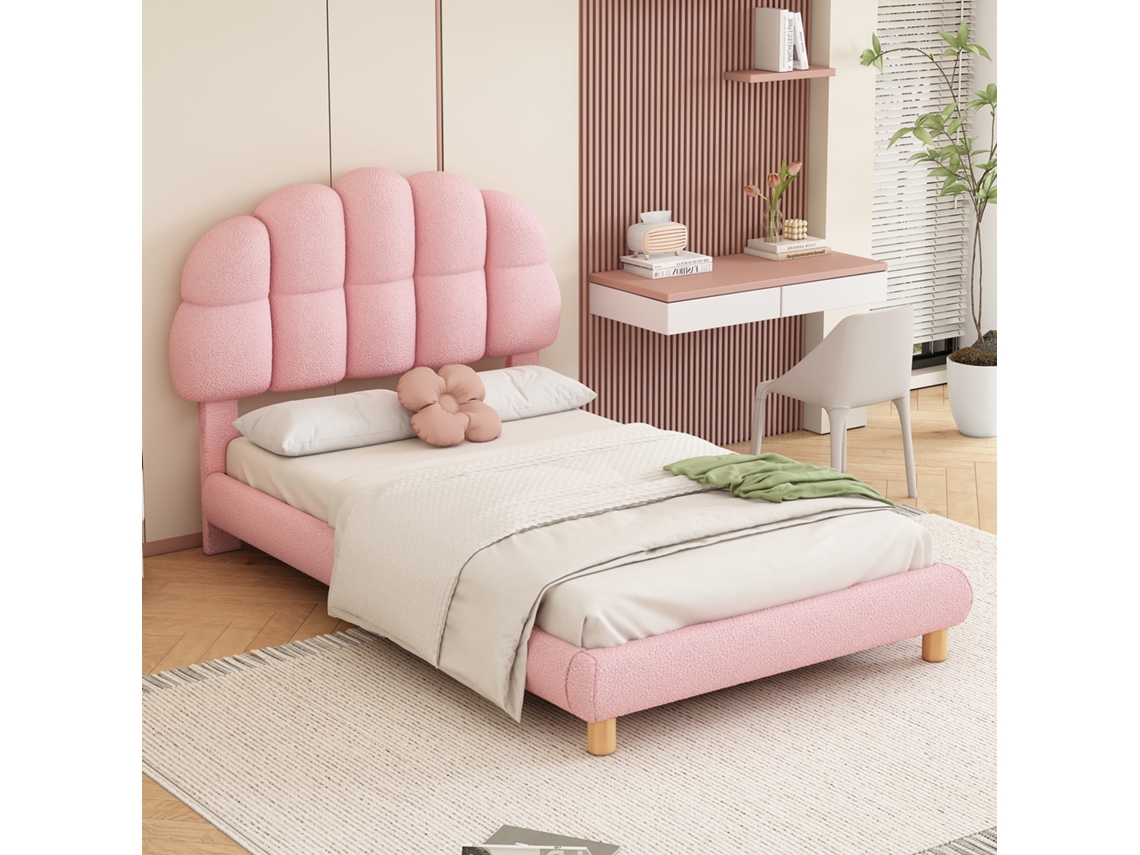 Cama Infantil 90x200 Veludo Rosa Ripas Madeira Juvenil