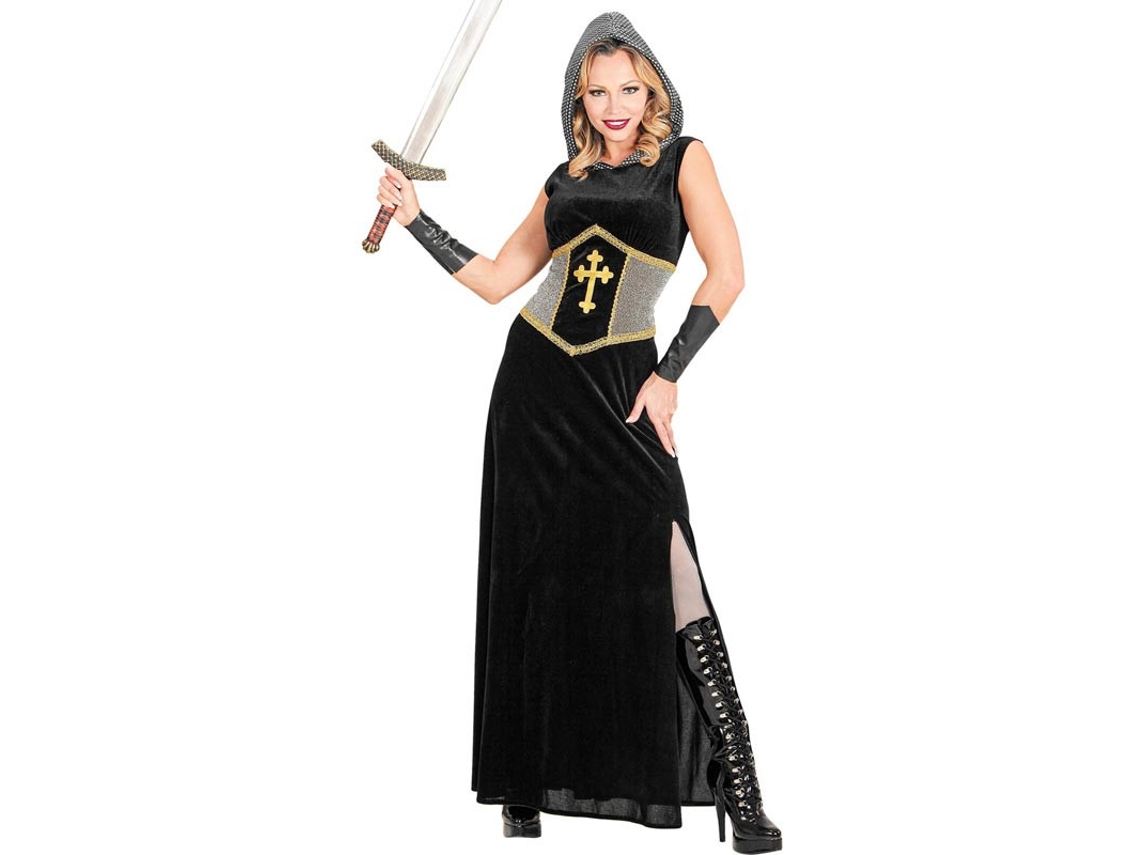 Fato de guerreiro medieval preto com capuz para mulher
