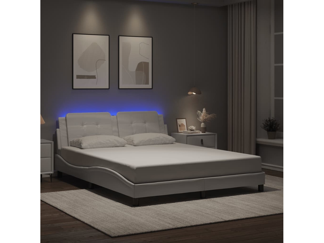 Estrutura De Cama C/ Luzes Led 160x200 Cm Couro Artif. Branco