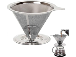 Filtro de café reutilizável Rebe em aço inoxidável, coador cônico sem papel, base permanente para xícaras e garrafas térmicas.
