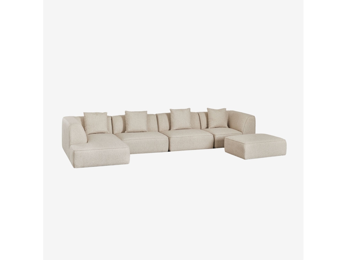 Sklum Sofá Modular Chaise Longue Esquerdo De 4 Peças Com Puff Estofado Cardea Poliéster                       Bouclé Creme Bege