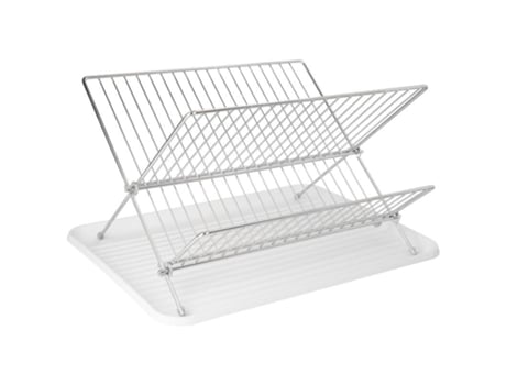 Escurreplatos plegable con rejilla de acero cromado y bandeja de secado, 2 niveles