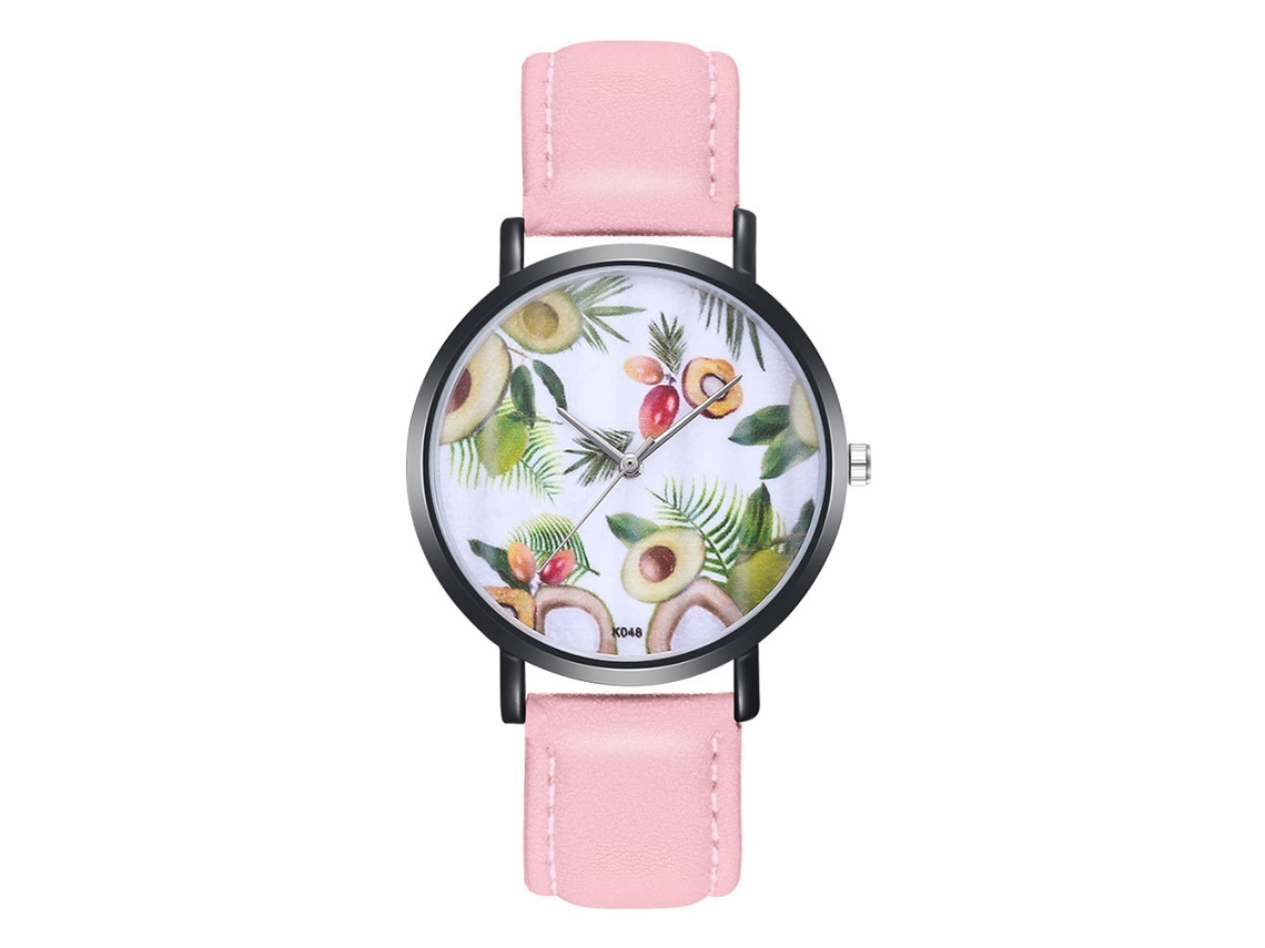 Relógio Feminino de Pulso Simples com Pulseira de Couro Pu Estampa de Frutas Rosa