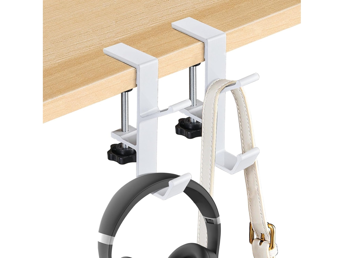 Conjunto 2 Ganchos Brancos Ajustáveis Sob Mesa, Adequado Tábua 1 5cm, para Fones, Bolsas e Carteiras